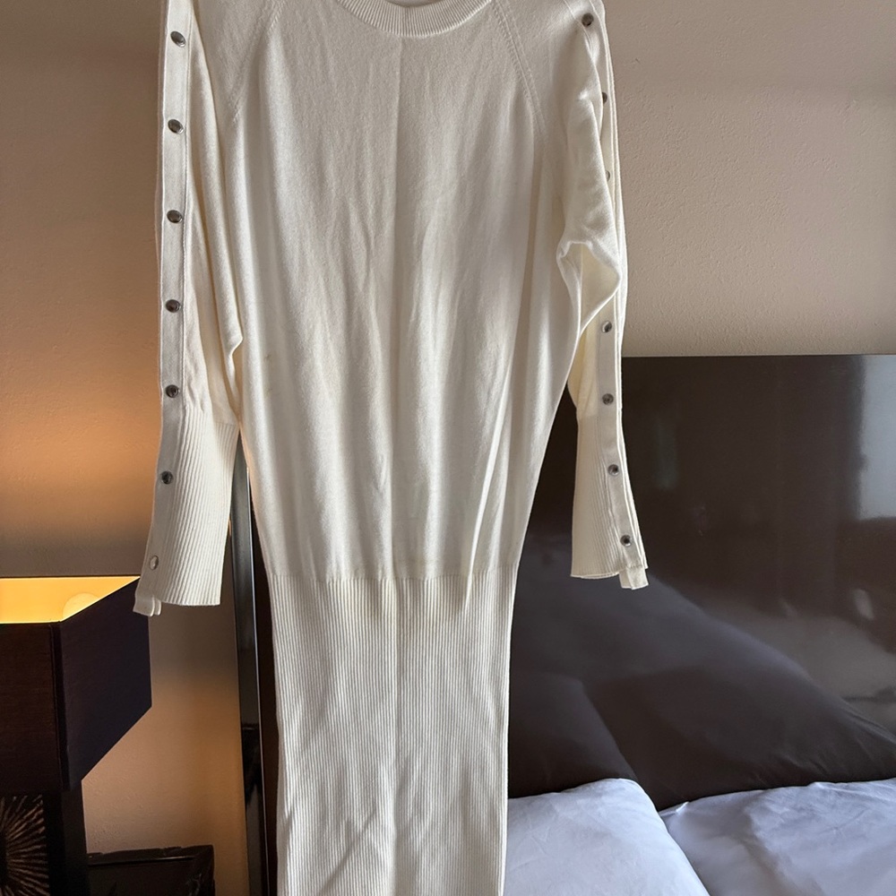 All Saints Cream Long Sleeve Sweater Dress with Button Detail and ribbed bottom